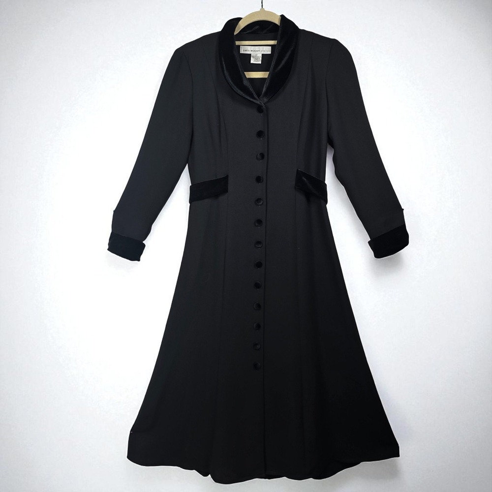 David Warren New York Woman 2 Petite Black Dress Velvet Trim Buttoned Gothcore